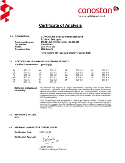 Primeira página: Certificado de análise, lote S260210005