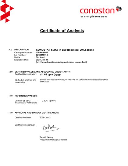 Primeira página: Certificado de análise, lote S260119014