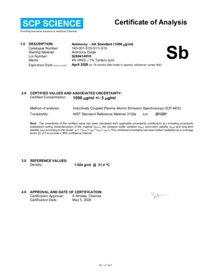 Primeira página: Certificado de análise, lote S260414010