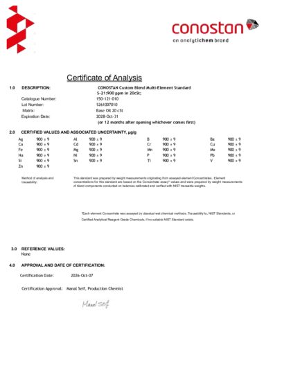 Primeira página: Certificado de análise, lote S261007010