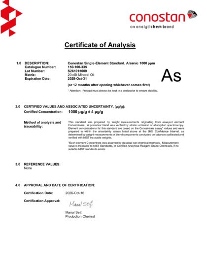 Primeira página: Certificado de análise, lote S261015009