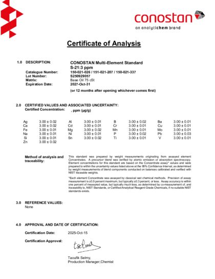 Primeira página: Certificado de análise, lote S250929057