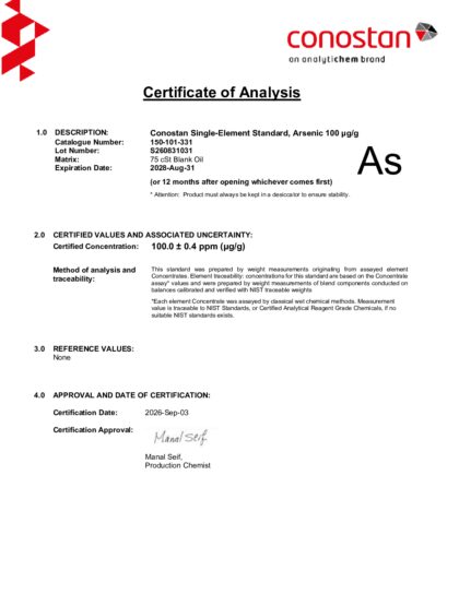 Primeira página: Certificado de análise, lote S260831031