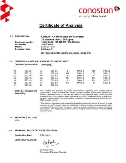 Primeira página: Certificado de análise, lote S260730016