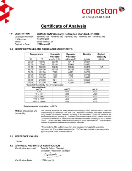 Primeira página: Certificado de análise, lote S260609039