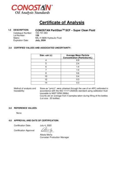 Primeira página: Certificado de análise, lote 128
