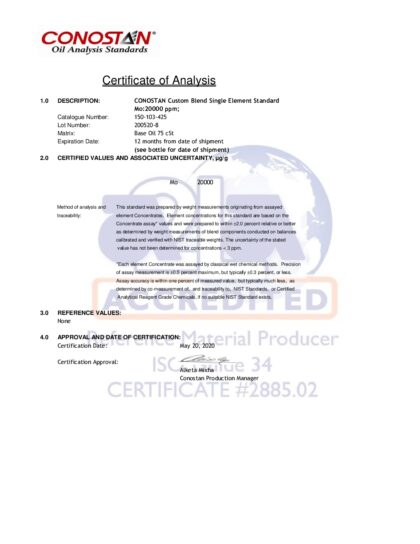 Primeira página: Certificado de análise, lote 200520-8