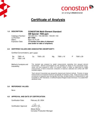 Primeira página: Certificado de análise, lote 60117000
