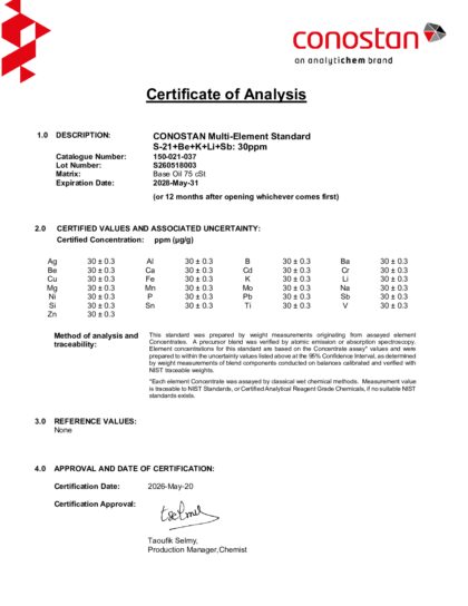 Primeira página: Certificado de análise, lote S260518003