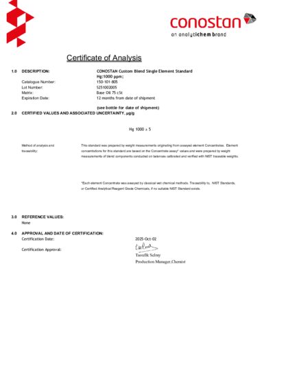 Primeira página: Certificado de análise, lote S251002005