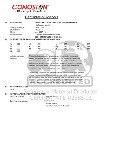 Primeira página: Certificado de análise, lote 210730-7