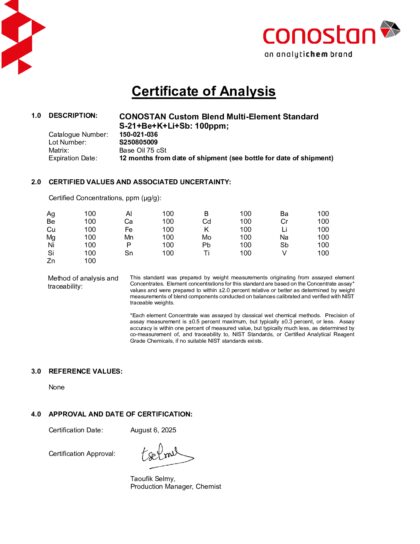 Primeira página: Certificado de análise, lote S250805009
