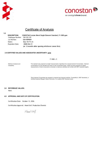 Primeira página: Certificado de análise, lote S261009001