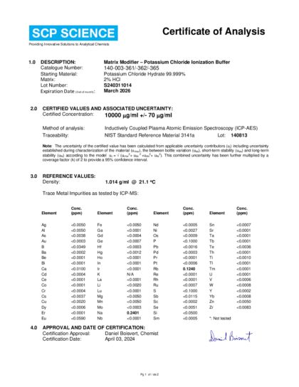 Primeira página: Certificado de análise, lote S240311014