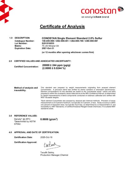 Primeira página: Certificado de análise, lote S251016035