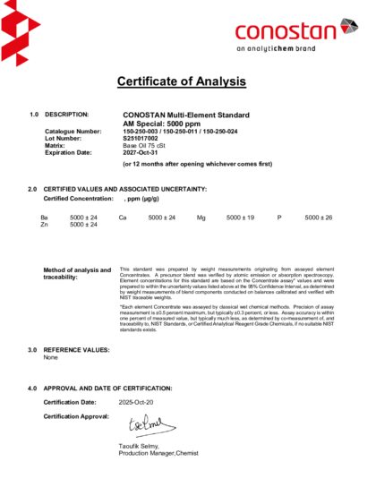 Primeira página: Certificado de análise, lote S251017002