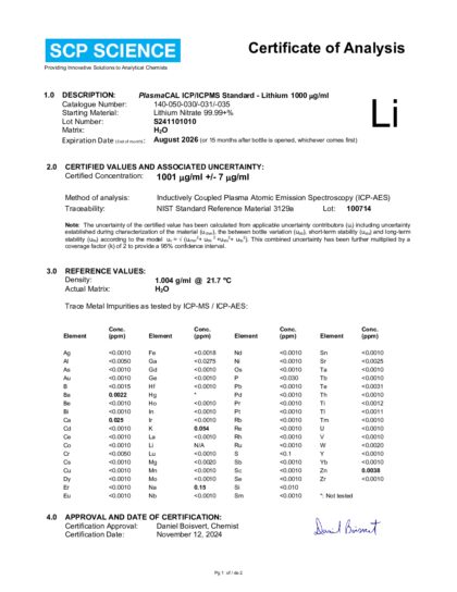 Primeira página: Certificado de análise, lote S241101010