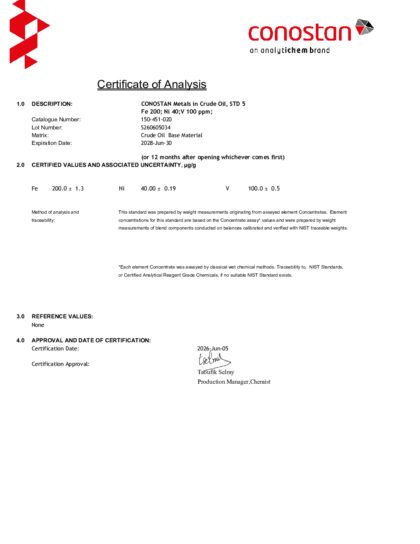 Primeira página: Certificado de análise, lote S260605034