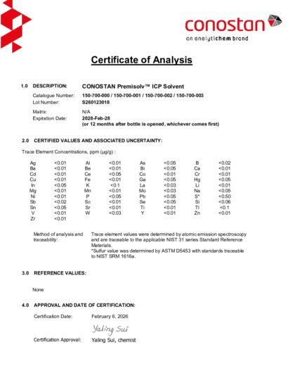 Primeira página: Certificado de análise, lote S260123018
