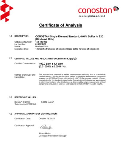 Primeira página: Certificado de análise, lote 010011B20