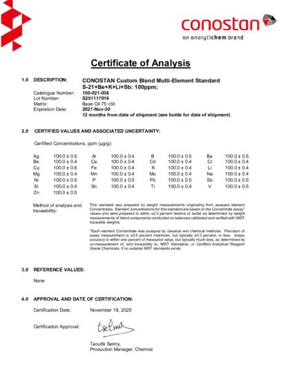 Primeira página: Certificado de análise, lote S251117016