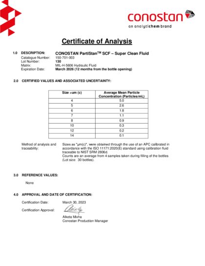 Primeira página: Certificado de análise, lote 130