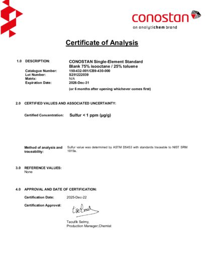 Primeira página: Certificado de análise, lote S251222039