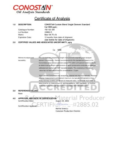 Primeira página: Certificado de análise, lote 220824-5
