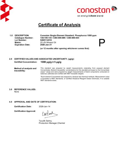 Primeira página: Certificado de análise, lote S260114018
