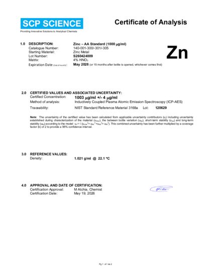Primeira página: Certificado de análise, lote S260424009