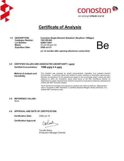 Primeira página: Certificado de análise, lote S260715041
