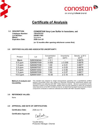 Primeira página: Certificado de análise, lote S260617003