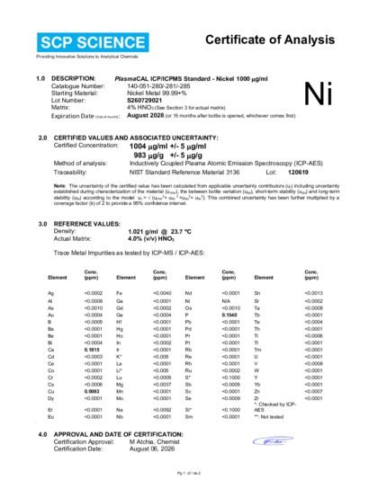 Primeira página: Certificado de análise, lote S260729021