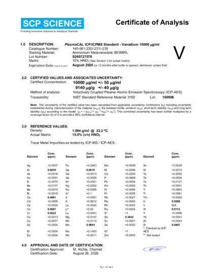 Primeira página: Certificado de análise, lote S260727078