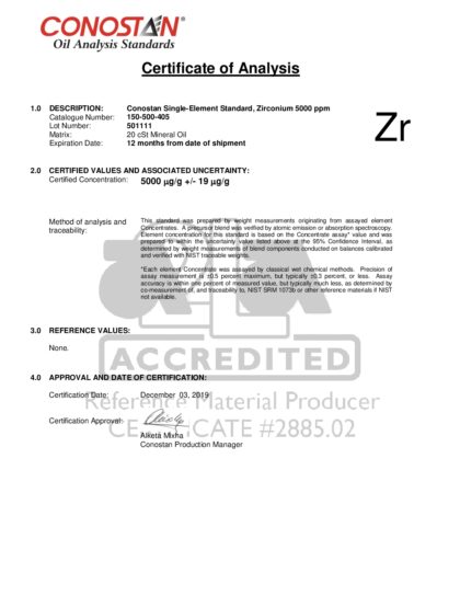 Primeira página: Certificado de análise, lote 501111