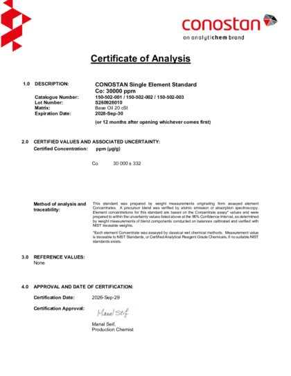Primeira página: Certificado de análise, lote S260928010