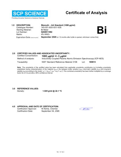 Primeira página: Certificado de análise, lote S260811002