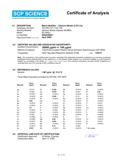 Primeira página: Certificado de análise, lote S260320021
