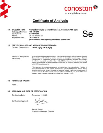 Primeira página: Certificado de análise, lote S250911041