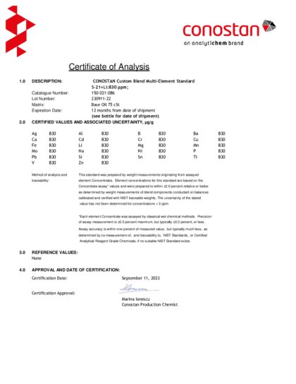 Primeira página: Certificado de análise, lote 230911-22