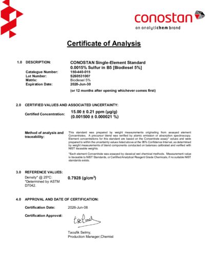 Primeira página: Certificado de análise, lote S260531007