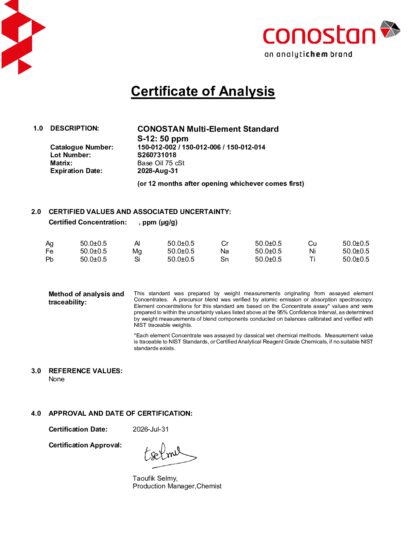 Primeira página: Certificado de análise, lote S260731018
