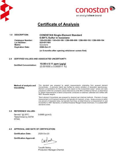 Primeira página: Certificado de análise, lote S251017001