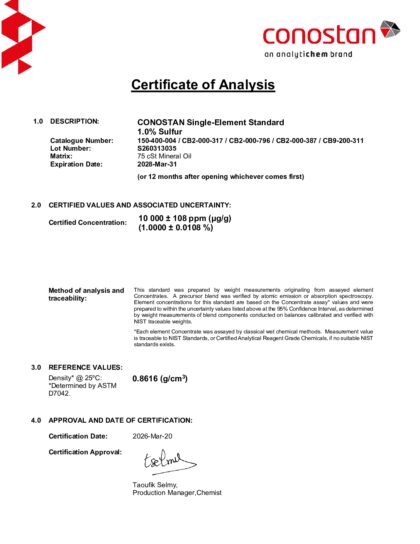 Primeira página: Certificado de análise, lote S260313035
