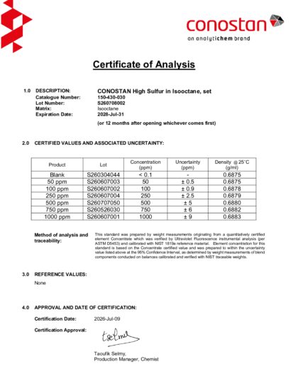 Primeira página: Certificado de análise, lote S260708002