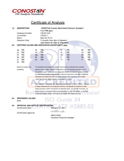 Primeira página: Certificado de análise, lote 210222-7