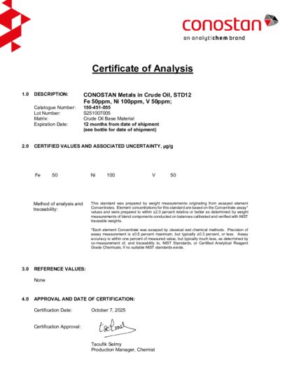 Primeira página: Certificado de análise, lote S251007005