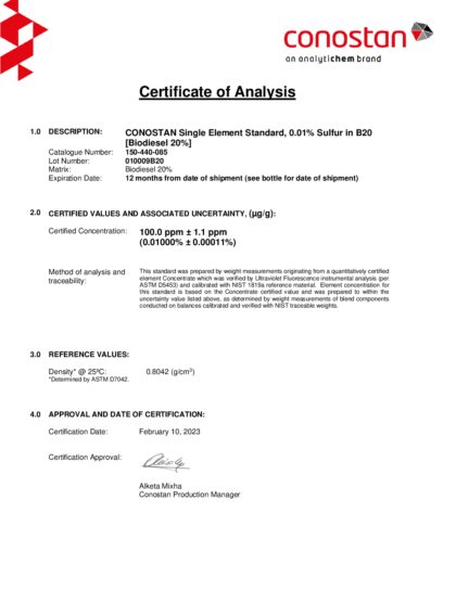 Primeira página: Certificado de análise, lote 010009B20