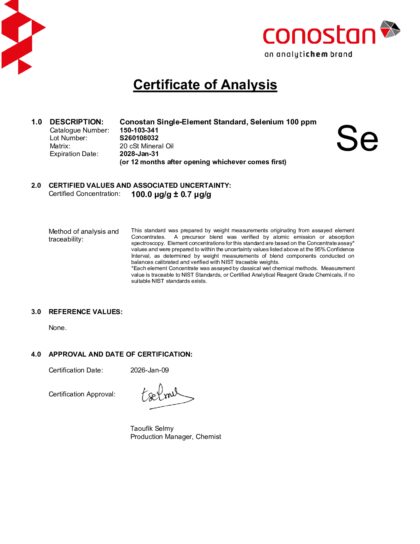 Primeira página: Certificado de análise, lote S260108032