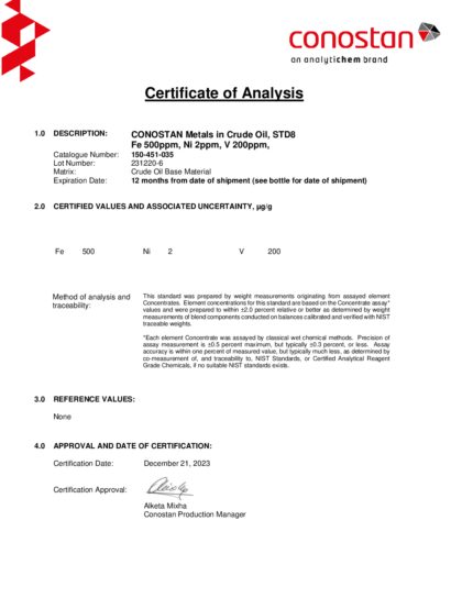 Primeira página: Certificado de análise, lote 231220-6